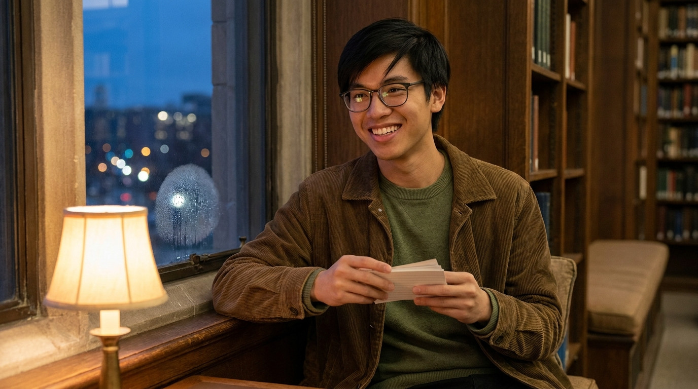 A student in a corduroy jacket rehearsing answers aloud in a library window nook at dusk, holding a small stack of blank