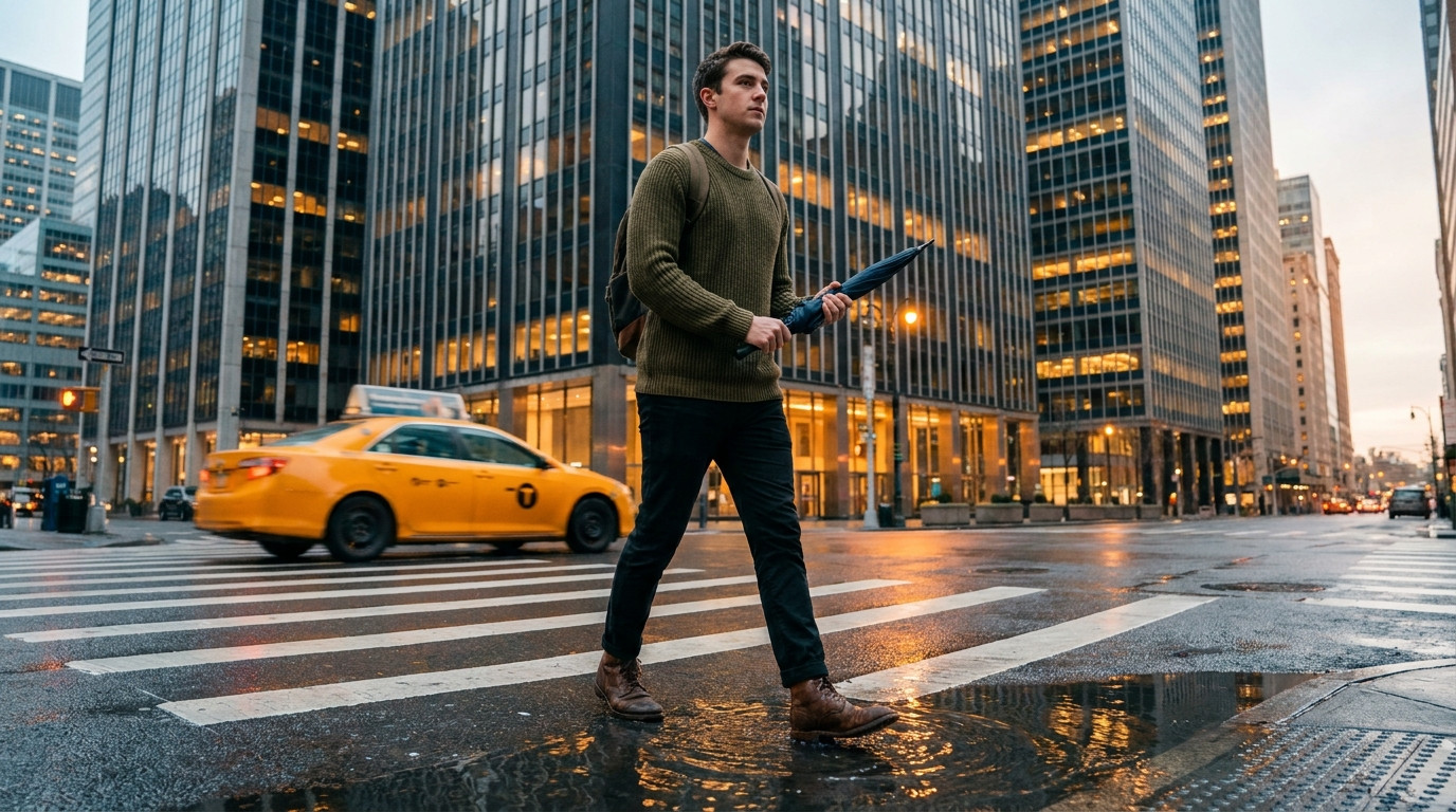 A college student in an olive sweater crossing a rain-slicked crosswalk between glass office towers at dawn, holding a closed umbrella, a yellow taxi passing behind
