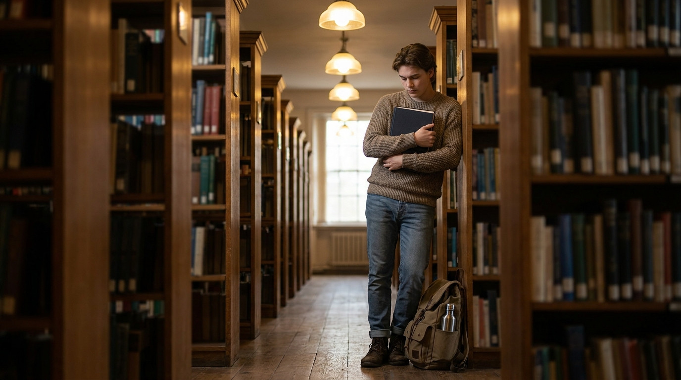 A focused student standing in a narrow university library aisle between tall wooden shelves, comparing a printed transcr