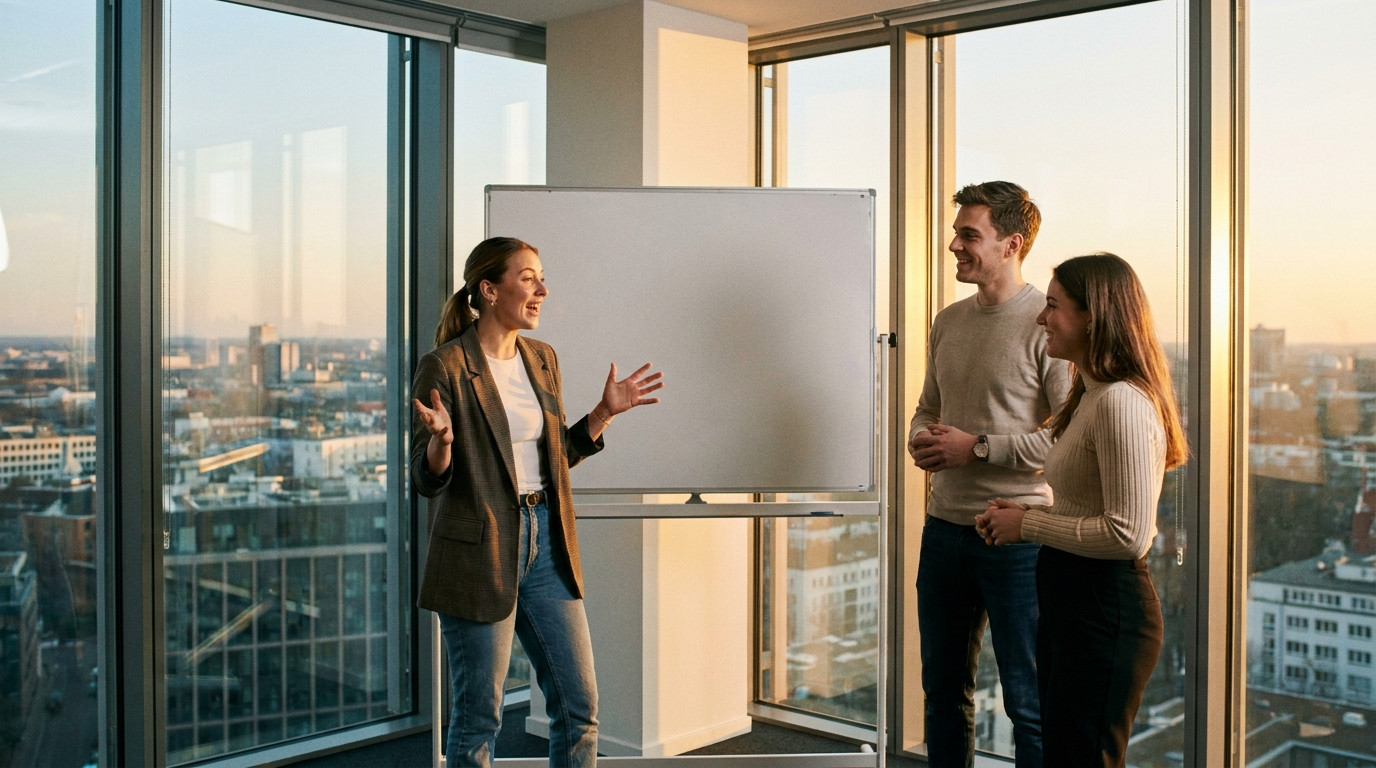 Three young professionals in business casual gathered in a glass-walled meeting room reviewing a financial model project