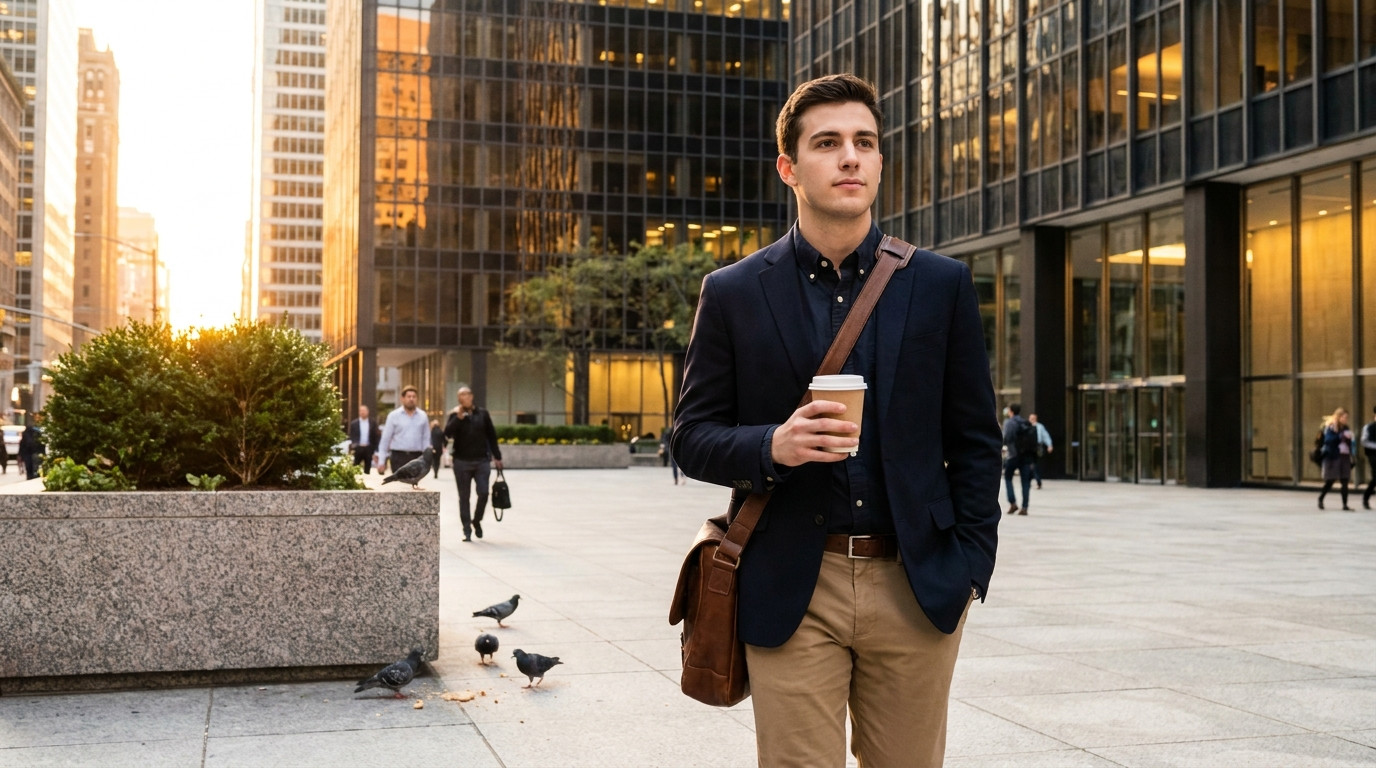 A poised college student in a navy blazer walking through a financial-district plaza at golden hour, holding a coffee and a leather messenger bag