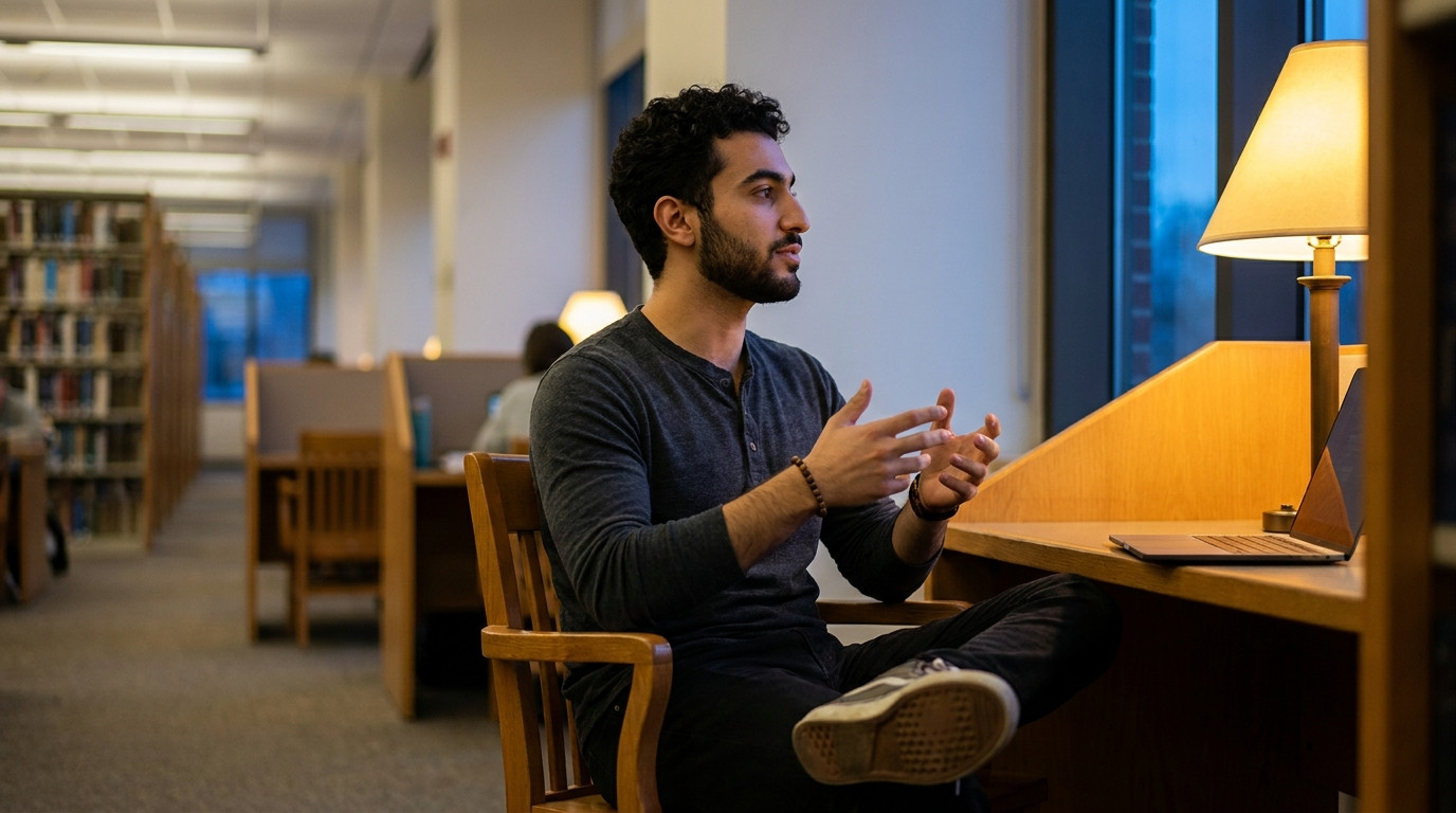 Student rehearsing an interview answer alone in a quiet university library nook at dusk, sitting upright facing a tall w