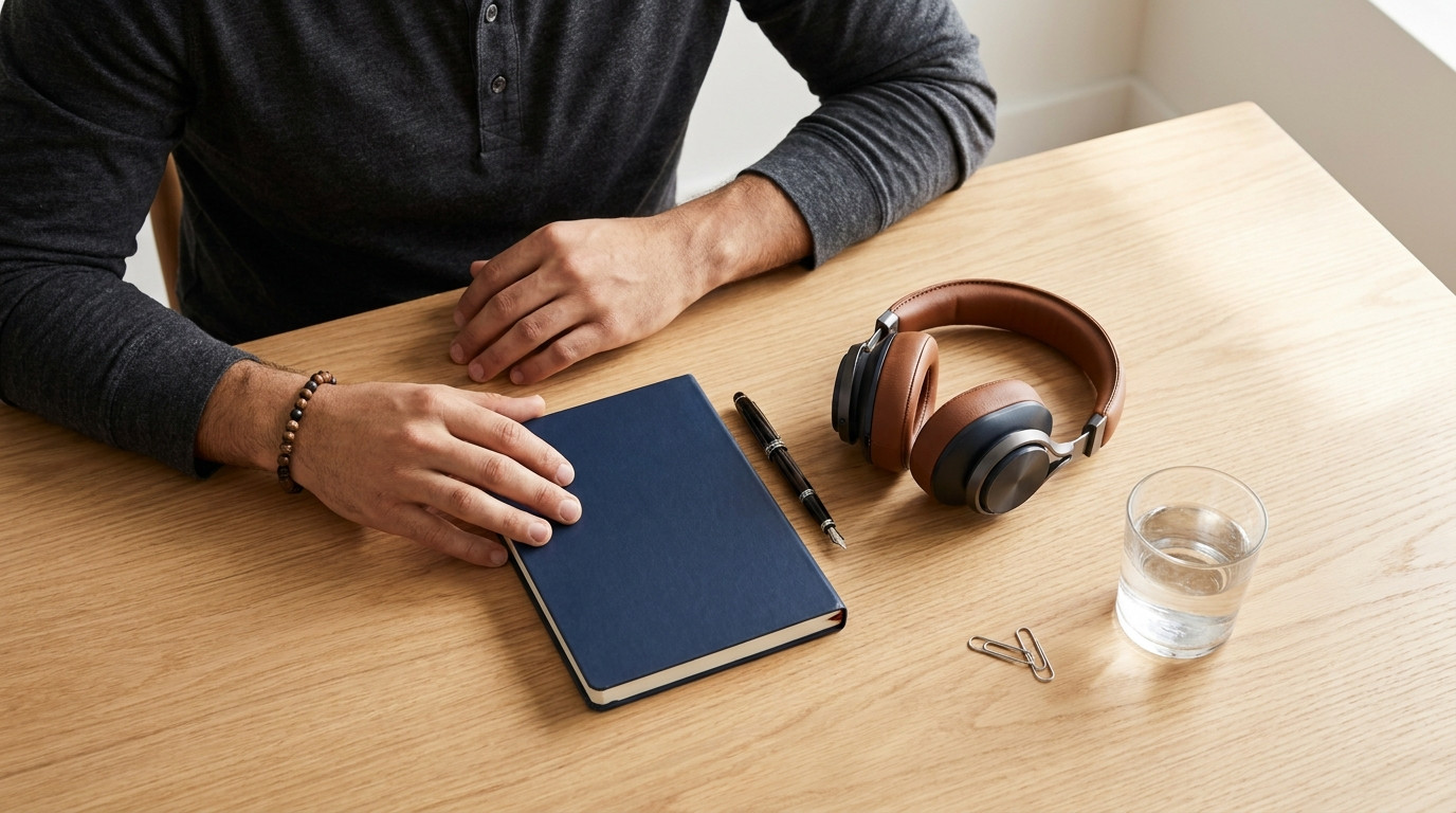 Overhead close-up of a tidy desk staged for a phone screen, over-ear headphones resting on a closed navy notebook, a fou