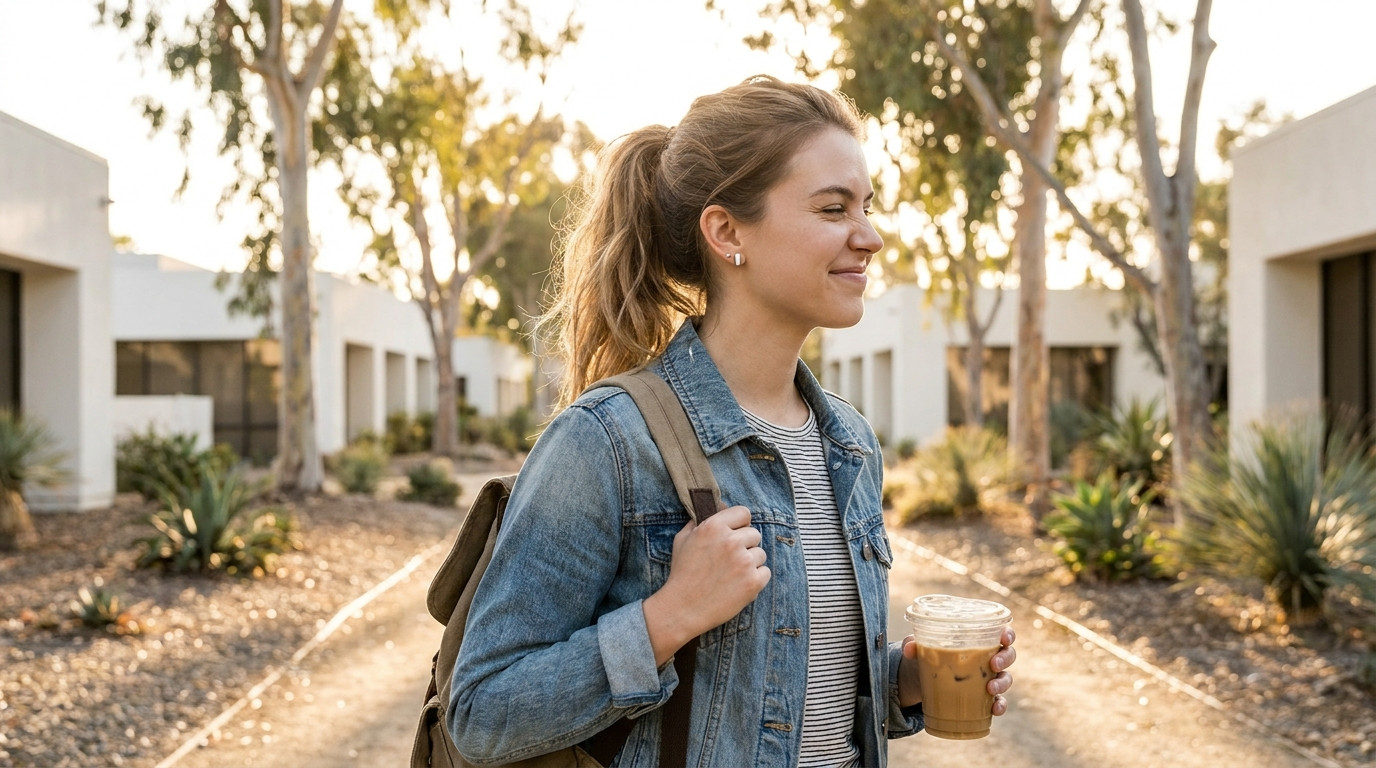 College student in a light jacket walking along a sunlit path on a modern California office campus, low white buildings 