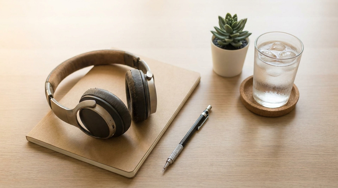 Overhead close-up of a tidy desk staged for a recruiter phone call, over-ear headphones resting on a closed kraft-paper 