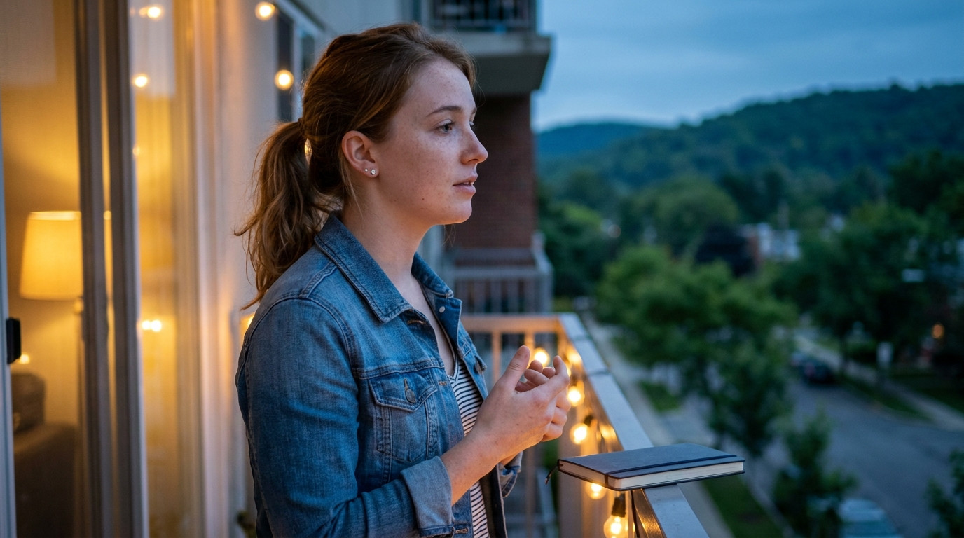 Student rehearsing an interview answer alone on an apartment balcony at dusk in a leafy Bay Area suburb, standing with h