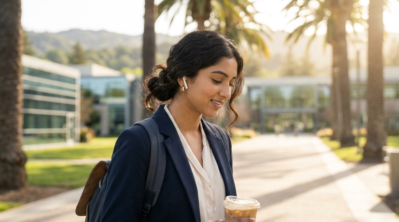 College student in a denim jacket walking along a palm-lined office campus path in Los Gatos on a bright summer morning,