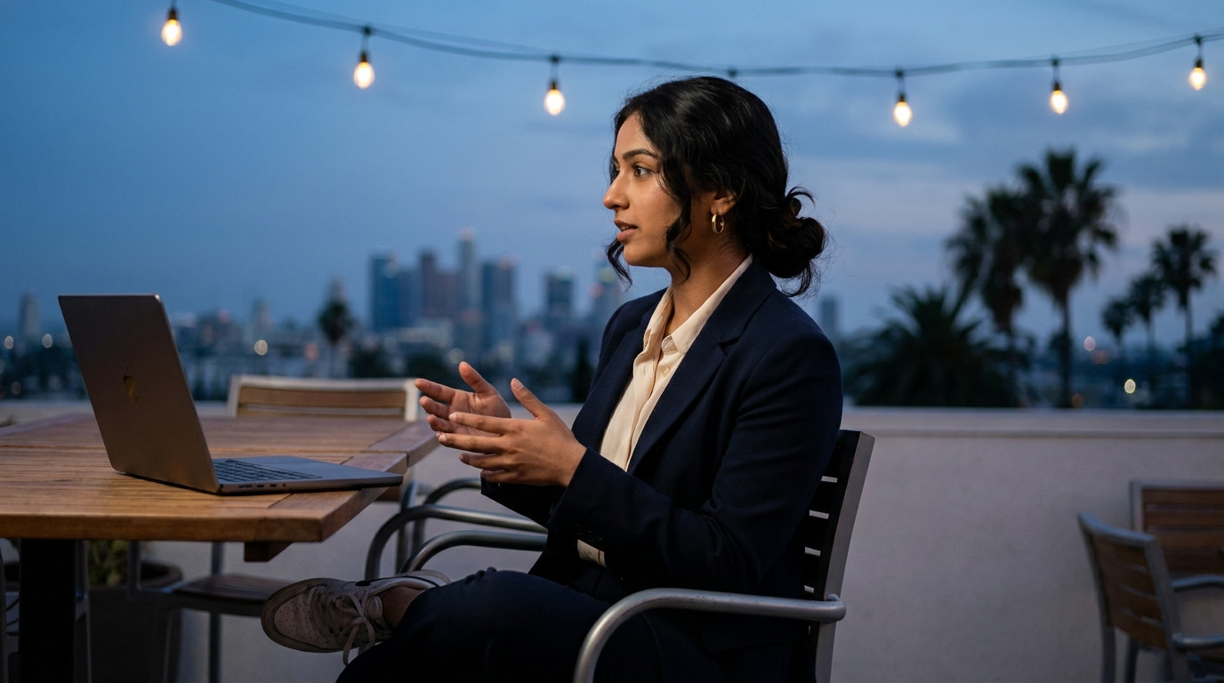 Student rehearsing interview answers alone on the rooftop terrace of a Los Angeles creative office at dusk, hazy skyline