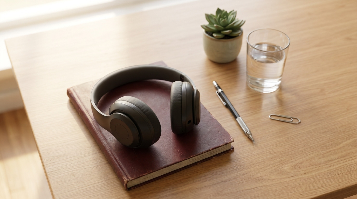 Overhead close-up of a desk staged for an online coding assessment, over-ear headphones resting on a closed dark-red not