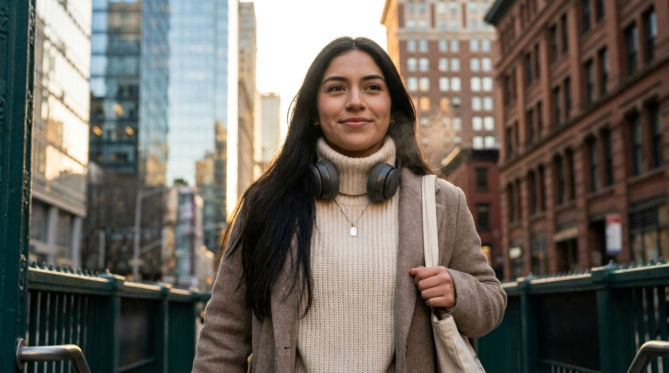 College student with over-ear headphones resting around her neck stepping out of a subway exit into lower Manhattan on a