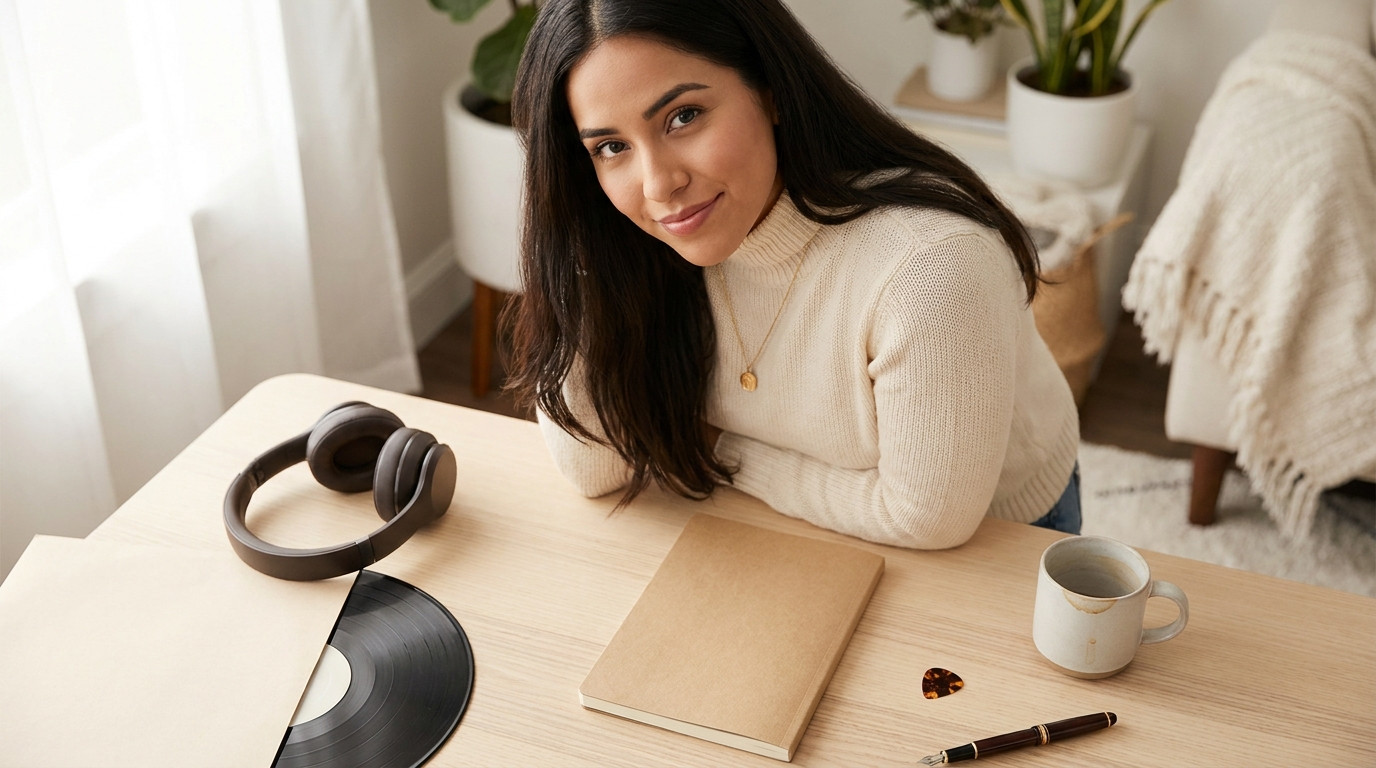 Overhead close-up of a desk staged for interview prep, over-ear headphones resting beside a closed kraft-paper notebook,