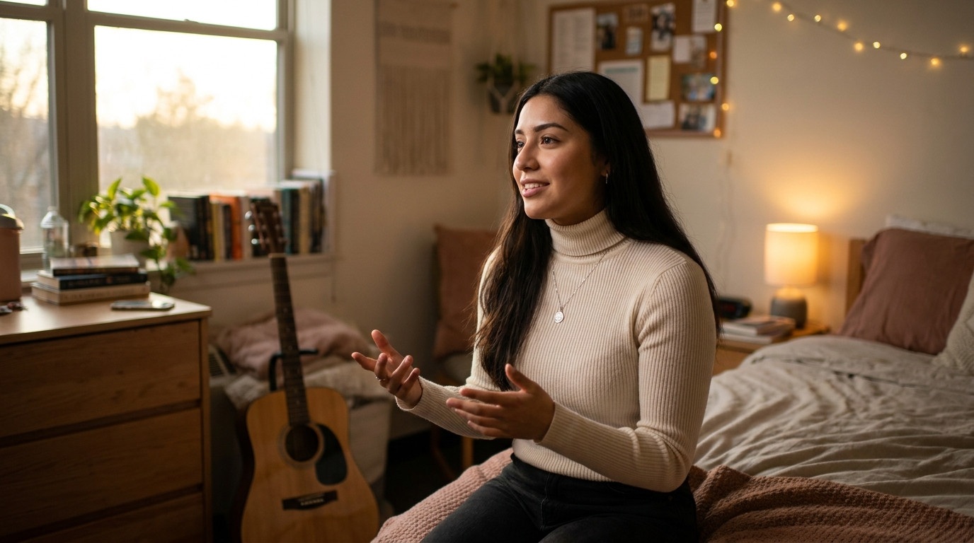 Student rehearsing an interview answer alone in a dorm room at dusk, sitting on the edge of the bed facing a tall window