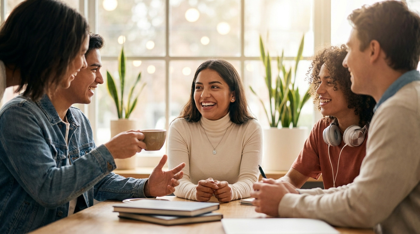 Four young interns talking around a bright office lounge table, one mid-laugh gesturing with a coffee cup, the others le
