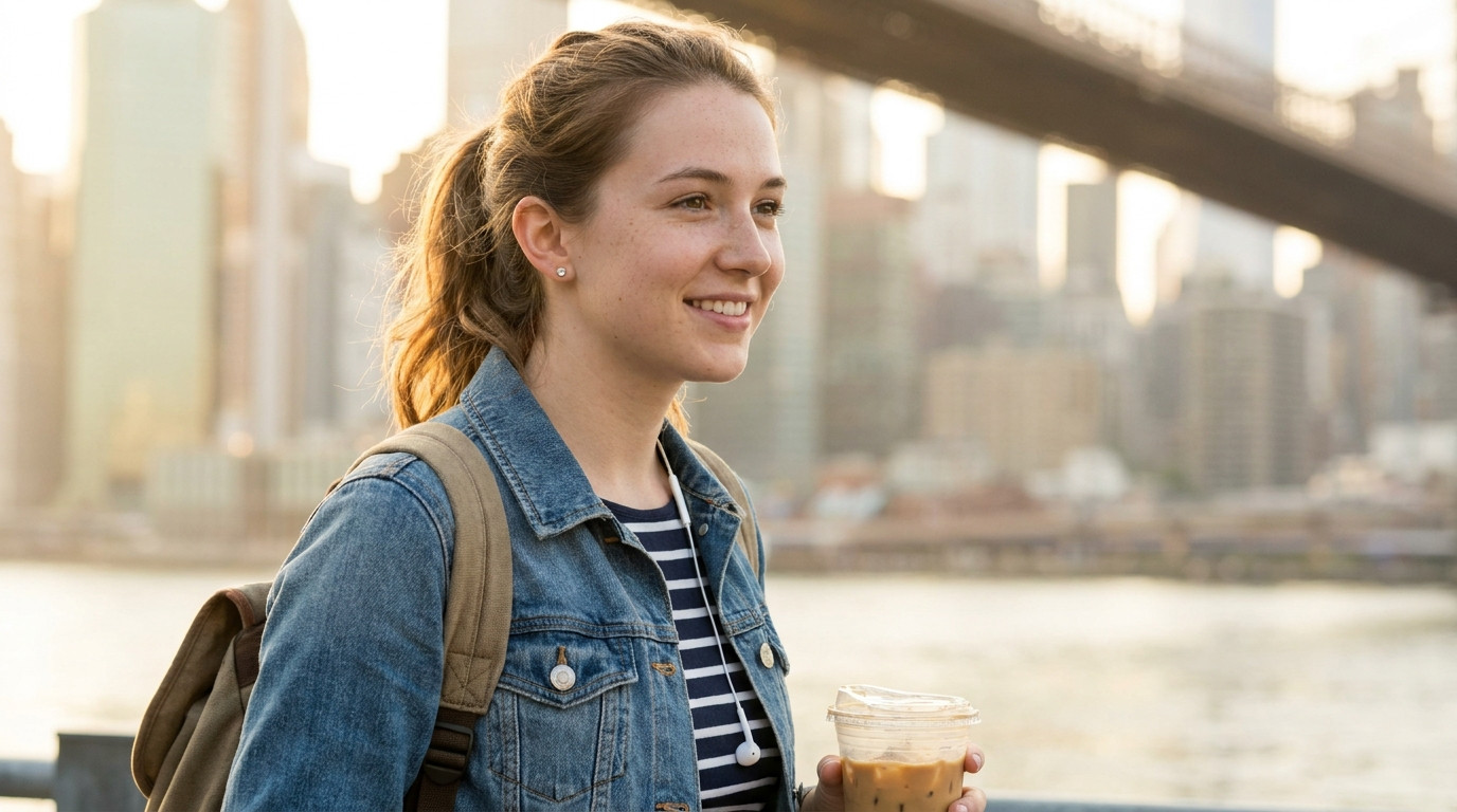 College student in a quarter-zip and backpack walking along the East River esplanade in lower Manhattan on a bright July