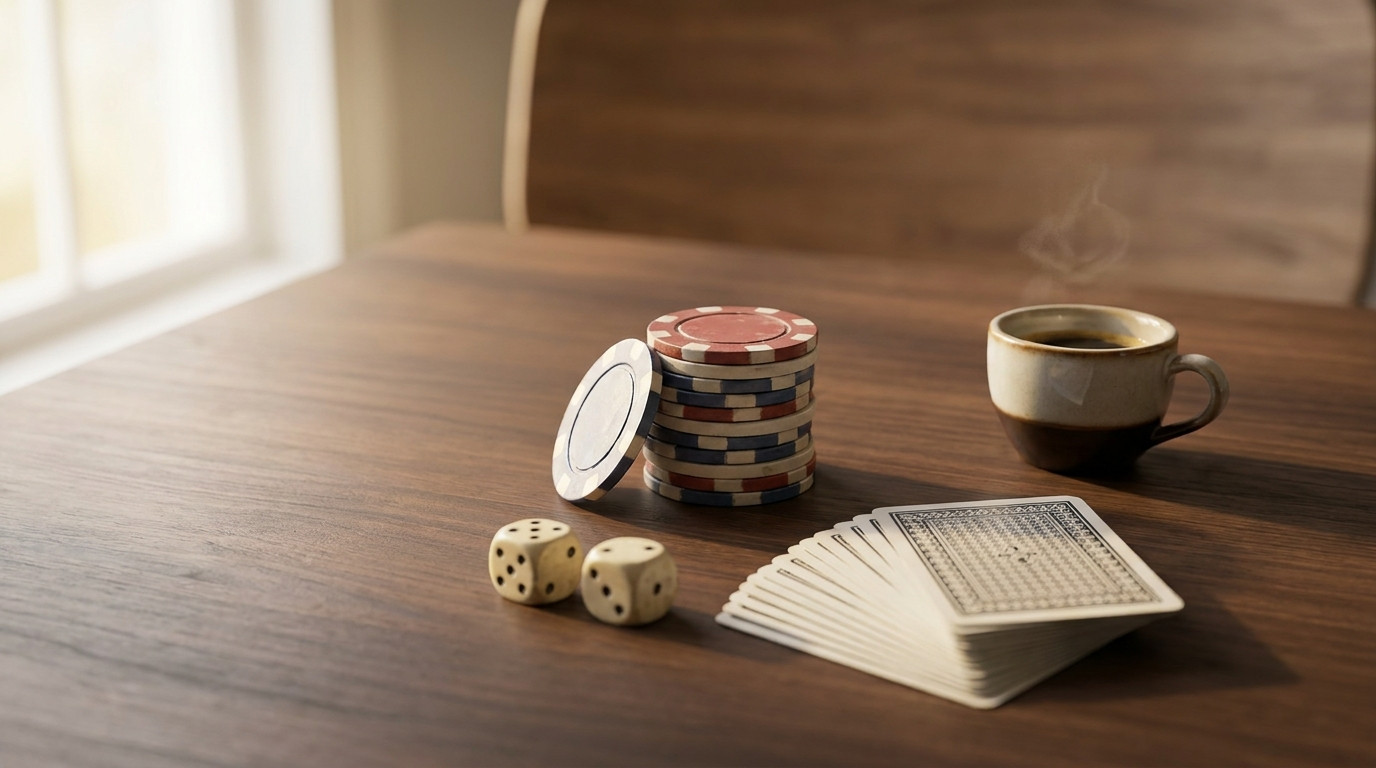 Overhead close-up of a stack of poker chips, two dice, and a deck of playing cards fanned face-down on a walnut desk bes