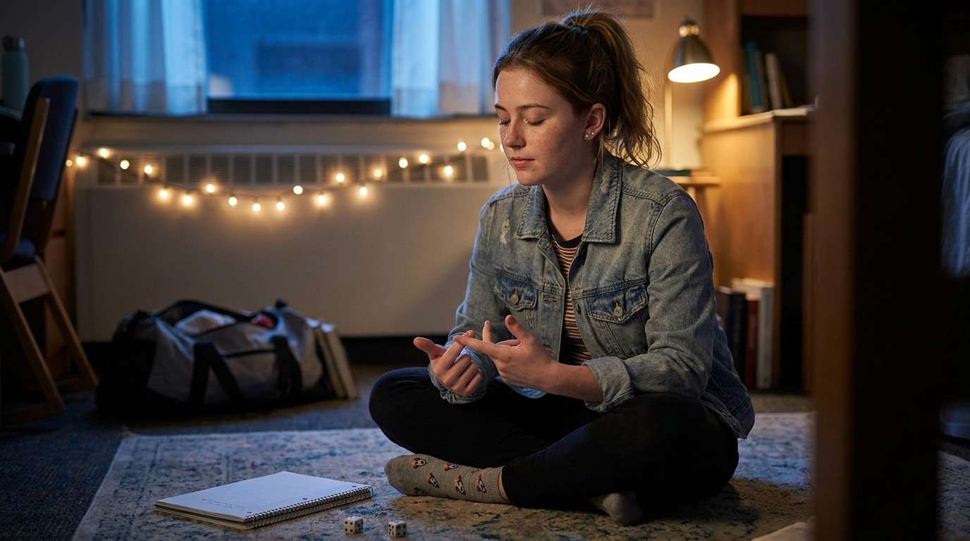 Student sitting cross-legged on a dorm room floor at night working through a probability puzzle in her head, eyes closed