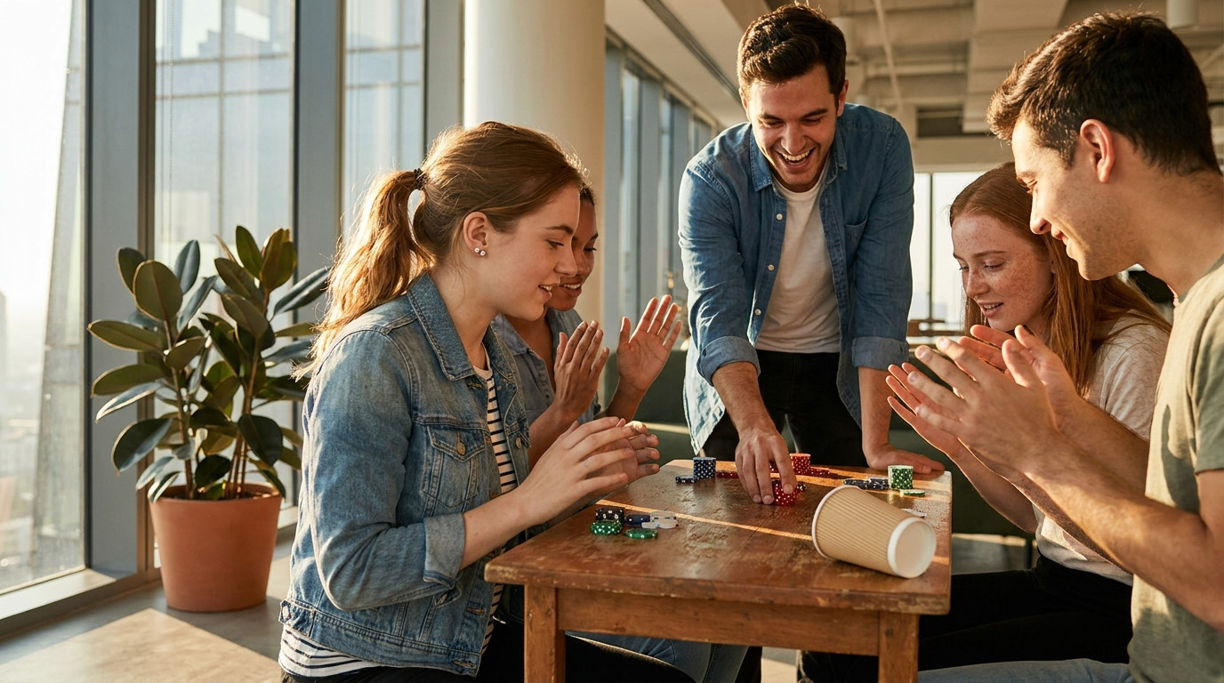 Four interns huddled around a small table mid mock-trading game, one standing and laughing while sliding a stack of poke