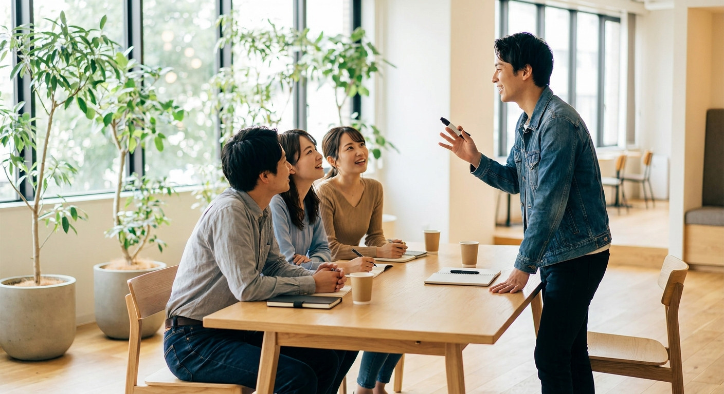 Four interns talking around an open office table, one standing mid-explanation gesturing with a marker, the others leani