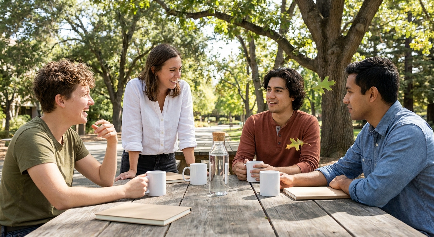 Four young interns talking around an outdoor picnic table under coast live oaks on a bright California afternoon, one mi