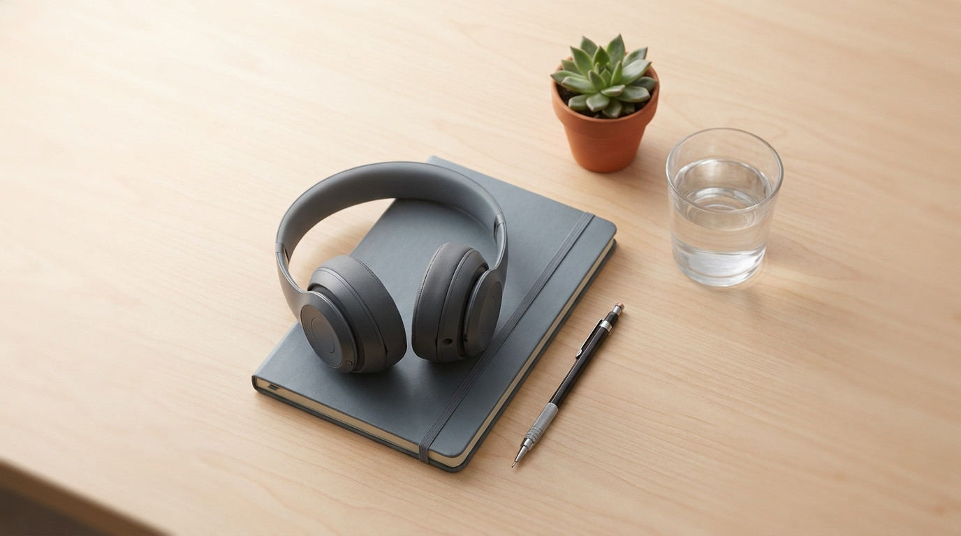 Overhead close-up of a tidy prep desk with no people in frame, a pair of over-ear headphones resting on a closed slate n
