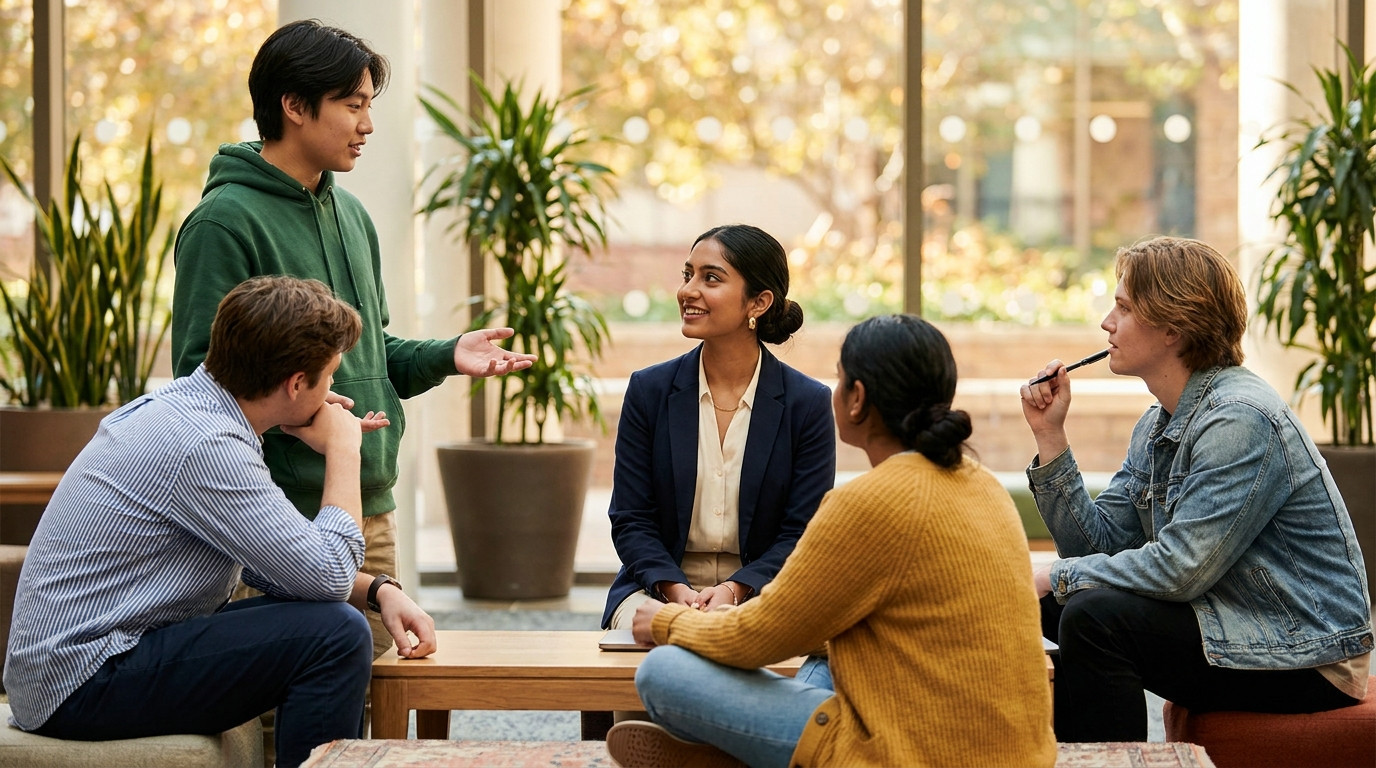Four interns in visibly different outfits talking around a low lounge table in a bright open campus space, one in a gree