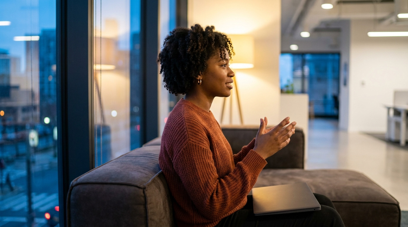 A student practicing behavioral answers alone in a modern open-plan office lounge at dusk, sitting on a low couch by a f