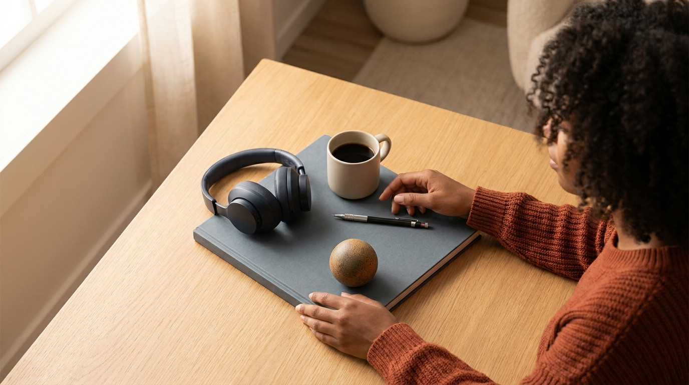 Overhead close-up of a tidy desk staged for a coding interview, a plain ceramic mug of black coffee, over-ear headphones
