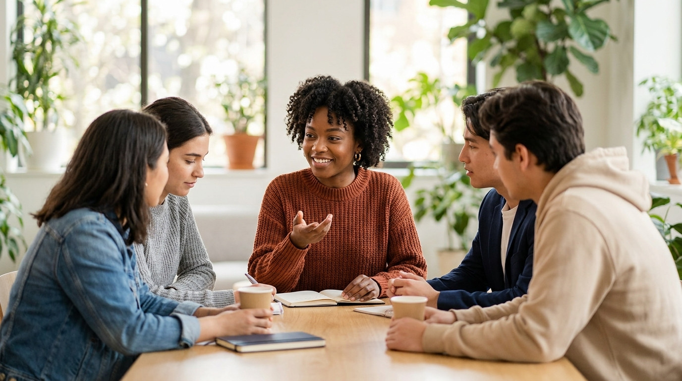 Four interns in clearly different outfits, one in a denim jacket, one in a knit sweater, one in a blazer, one in a plain