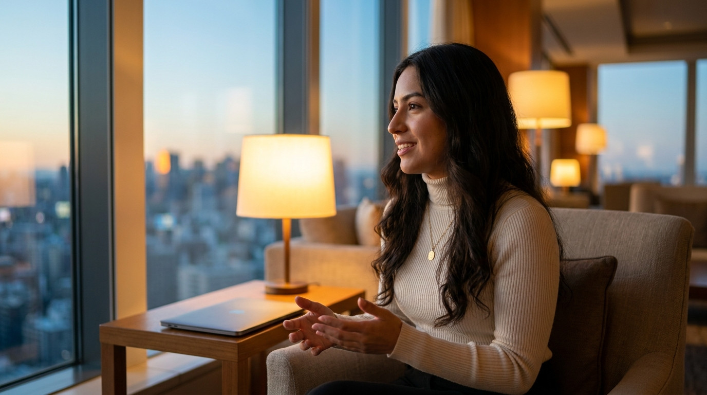 A student rehearsing an answer alone in a quiet Charlotte high-rise lounge at dusk, seated upright by a floor-to-ceiling