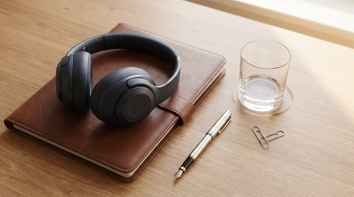 Overhead close-up of a tidy desk staged for a video interview, over-ear headphones resting on a closed leather portfolio