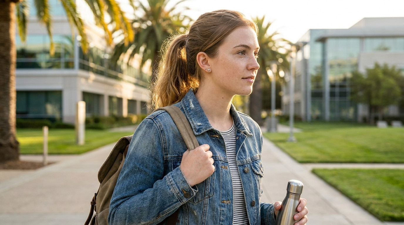 A single college student in a light zip-up hoodie walking a palm-lined modern tech campus path in Santa Clara on a brigh