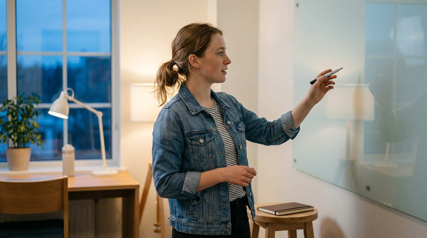 A student practicing a whiteboard problem alone in a quiet study room at dusk, standing and gesturing at a blank glass w