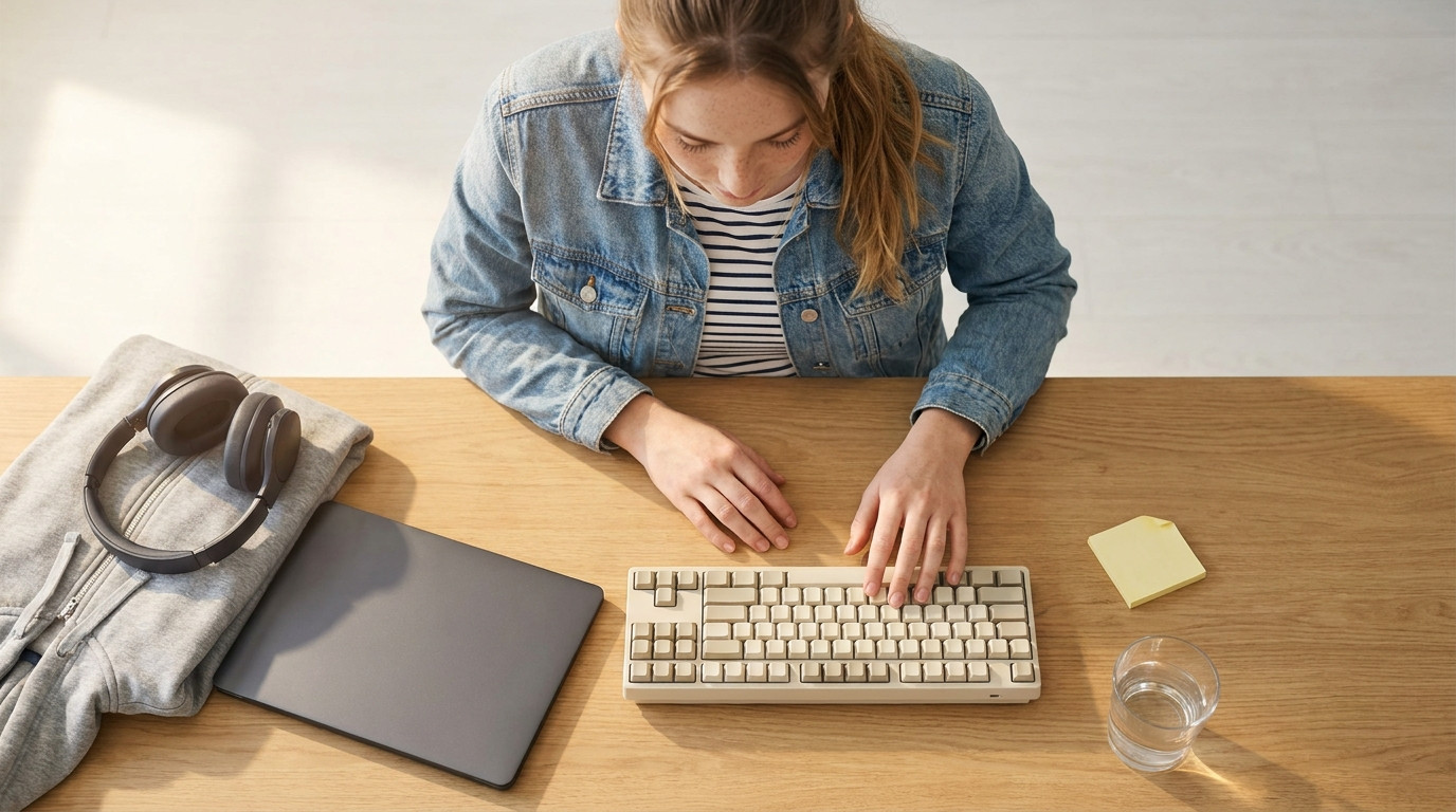 Overhead close-up of a tidy desk staged for a coding interview, a plain mechanical keyboard, a closed dark laptop, over-