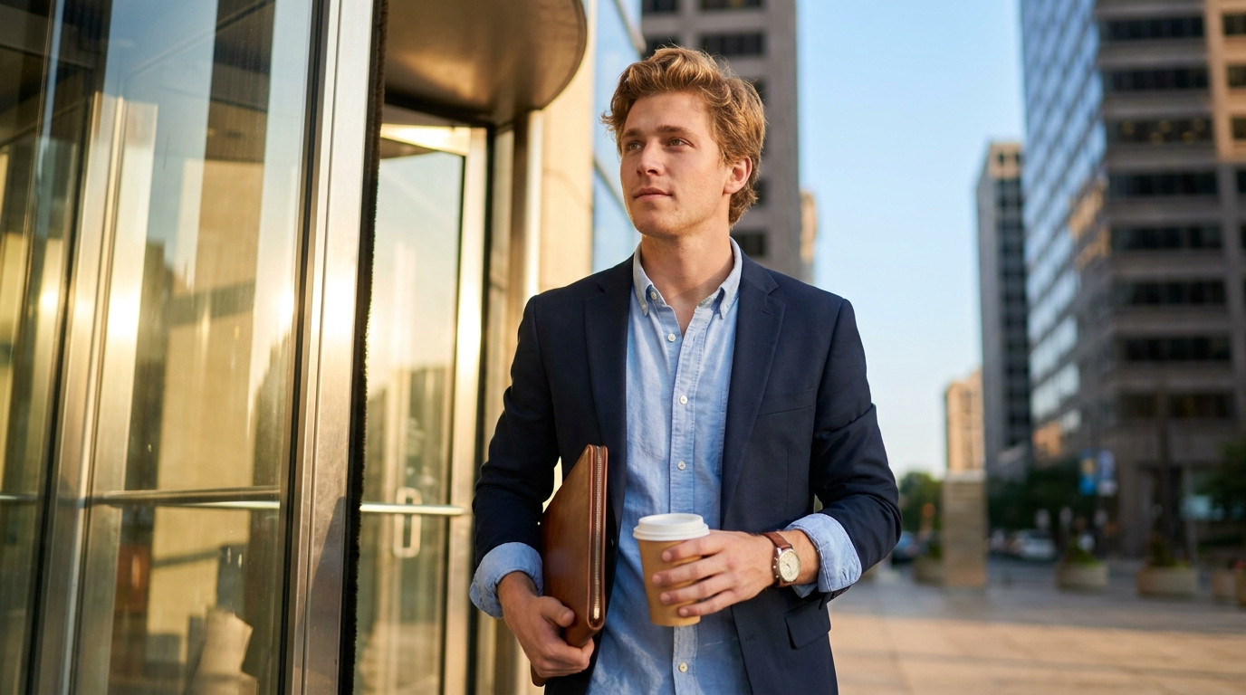A college student in a navy blazer stepping out of a revolving glass door onto a downtown plaza on a clear September mor