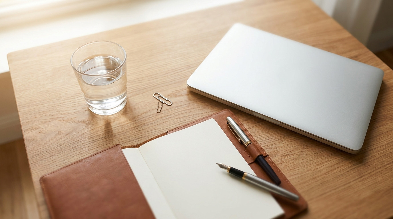Overhead close-up of a tidy wooden desk staged for interview prep, a closed silver laptop pushed to one side, a fountain