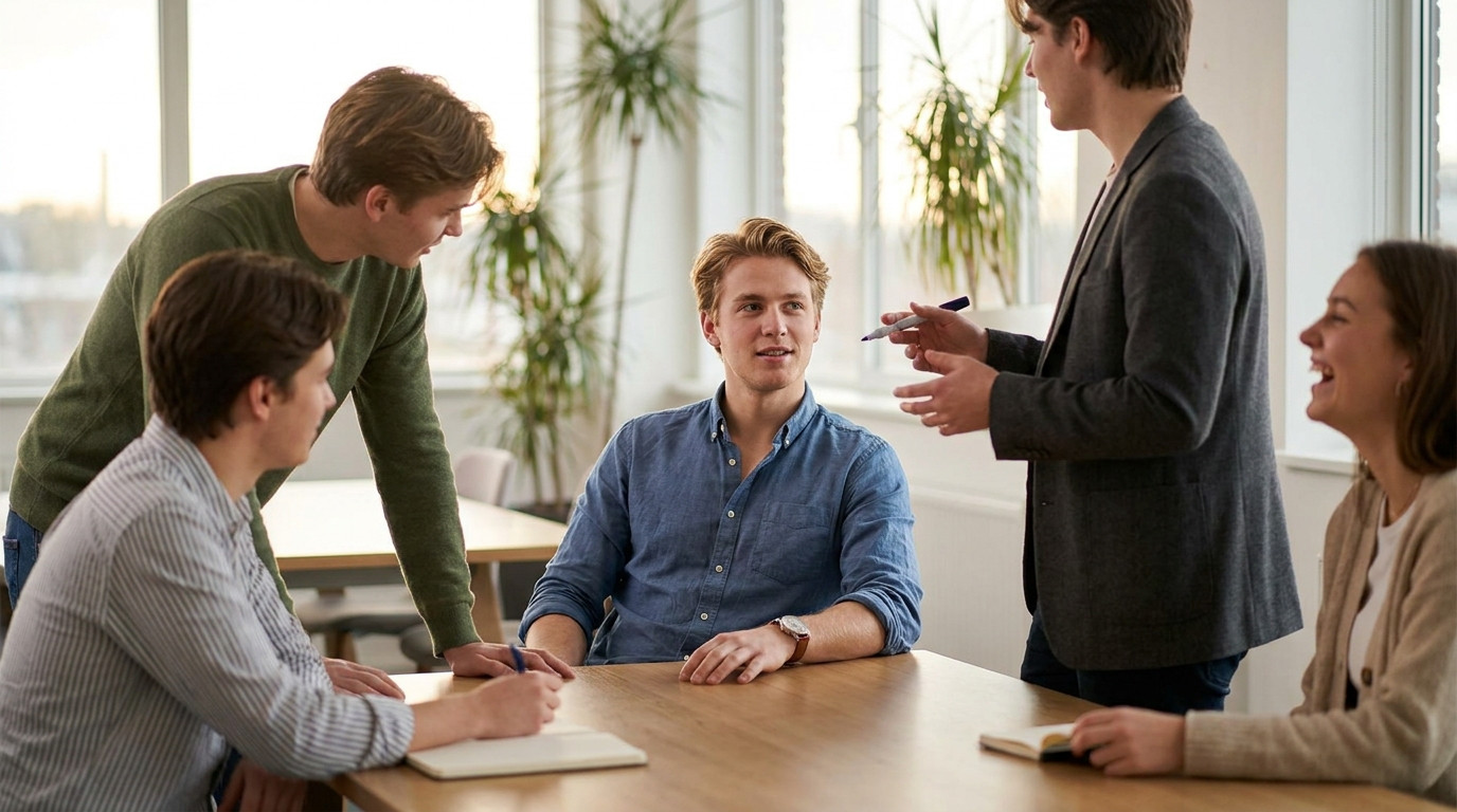 Four interns in different outfits talking around a bright open-plan office table, one in a charcoal blazer standing mid-