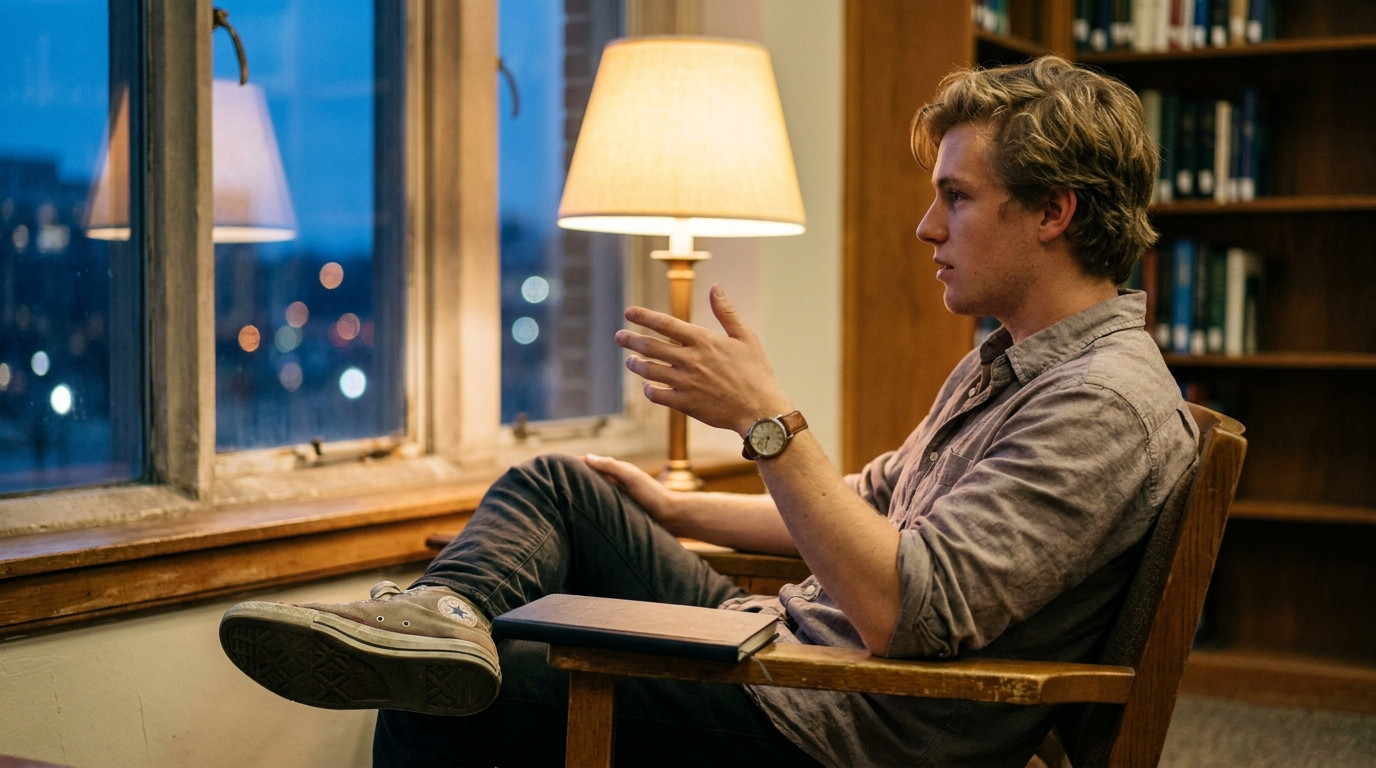 A student rehearsing answers alone in a quiet campus library alcove at dusk, seated upright facing a tall window with ci