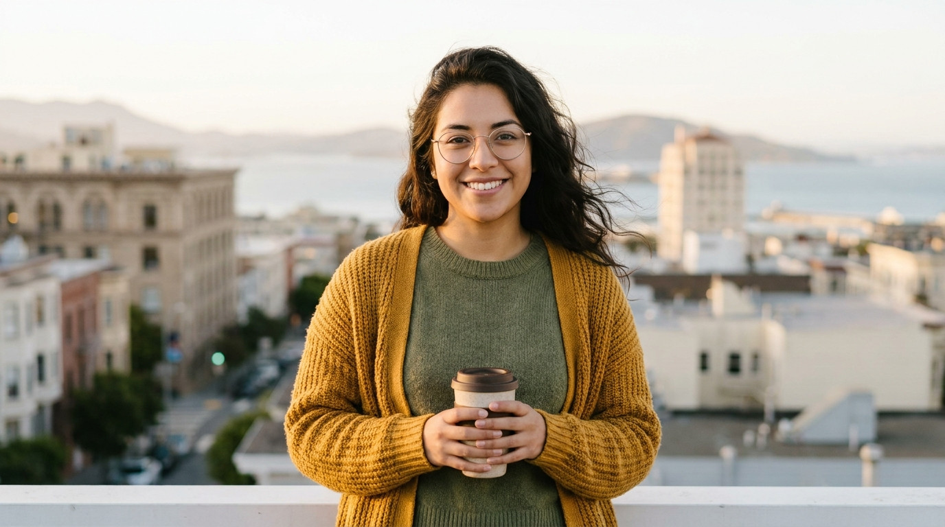A college student in a mustard cardigan standing on a rooftop terrace in San Francisco at golden hour, city skyline and 