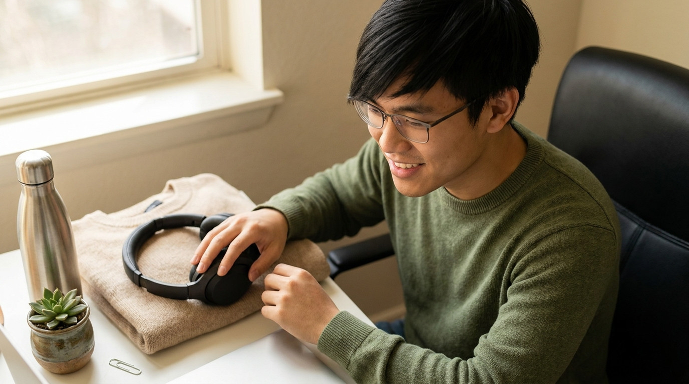 Overhead close-up of a creative studio desk, a pair of over-ear headphones resting on a folded knit sweater, a single su