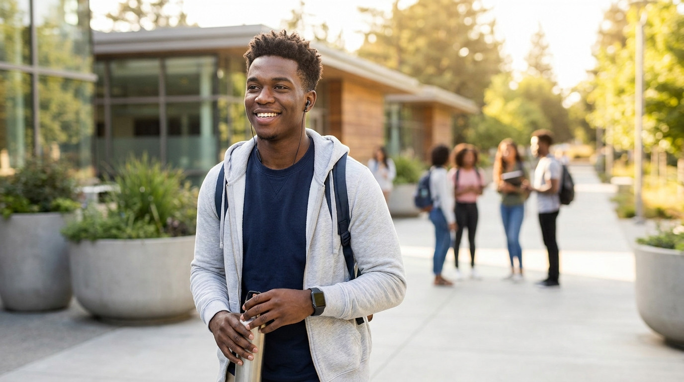 A college student in a light zip hoodie walking a tree-lined modern tech-campus path on a bright July morning, low open-