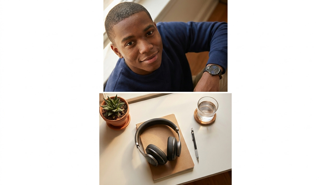 Overhead close-up of a tidy desk staged for a coding phone screen, over-ear headphones resting on a closed notebook, a m