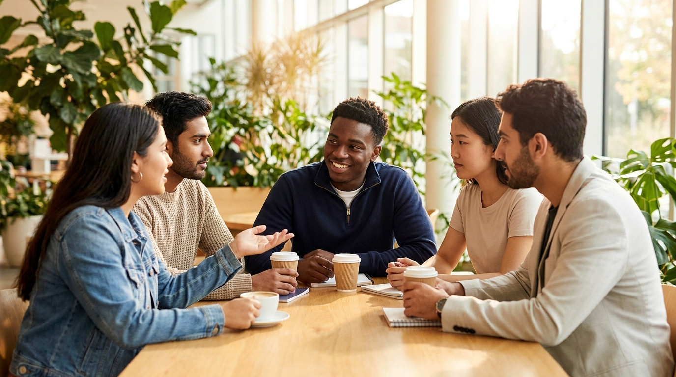 Four interns in visibly different outfits (a denim jacket, a knit sweater, a plain tee, and a light blazer) talking arou