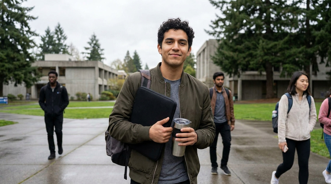 A single engineering student in a plain zip-up hoodie and jeans walking across an open university engineering quad on an