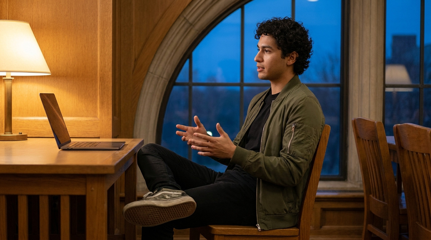 A single student rehearsing an interview answer alone in a quiet campus study room at dusk, seated upright facing a tall