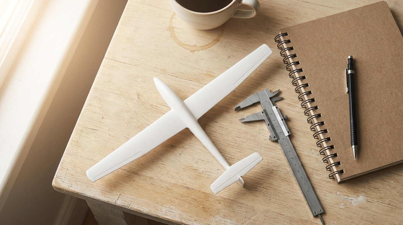 Overhead close-up of a tidy workbench staged for a project review, a plain unbranded white model plane resting beside a 