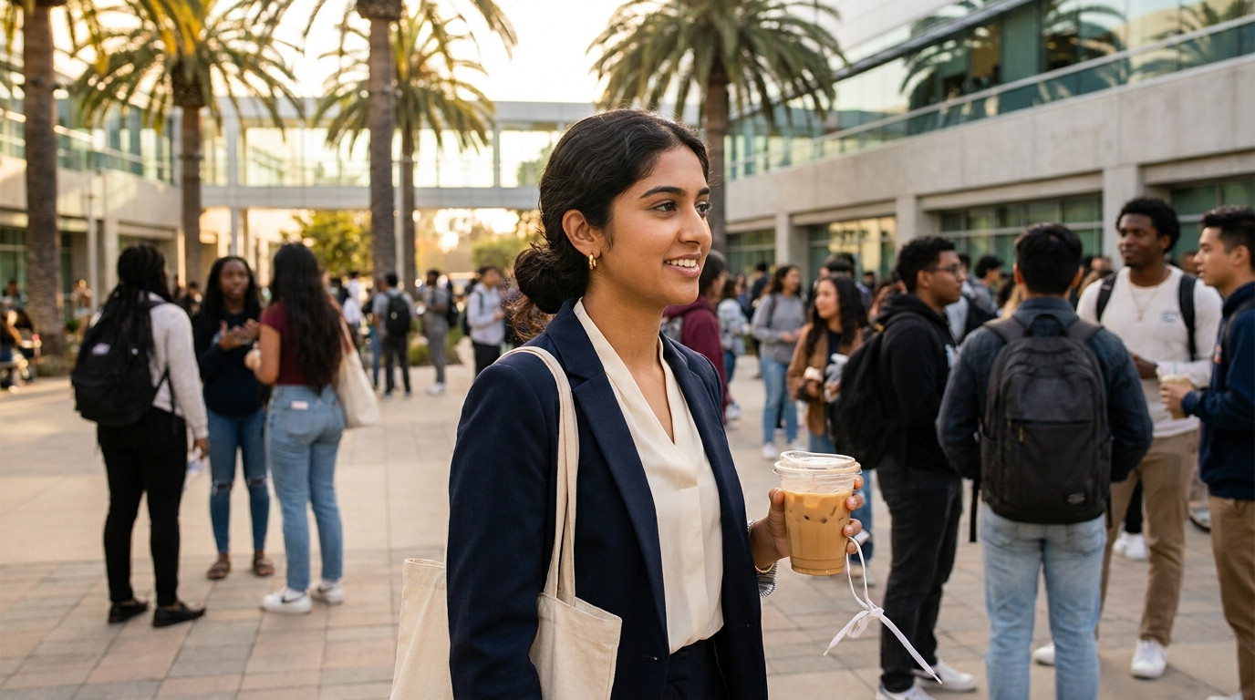 A college student in a light button-down walking across a sunlit San Diego tech-campus courtyard on a summer morning, pa
