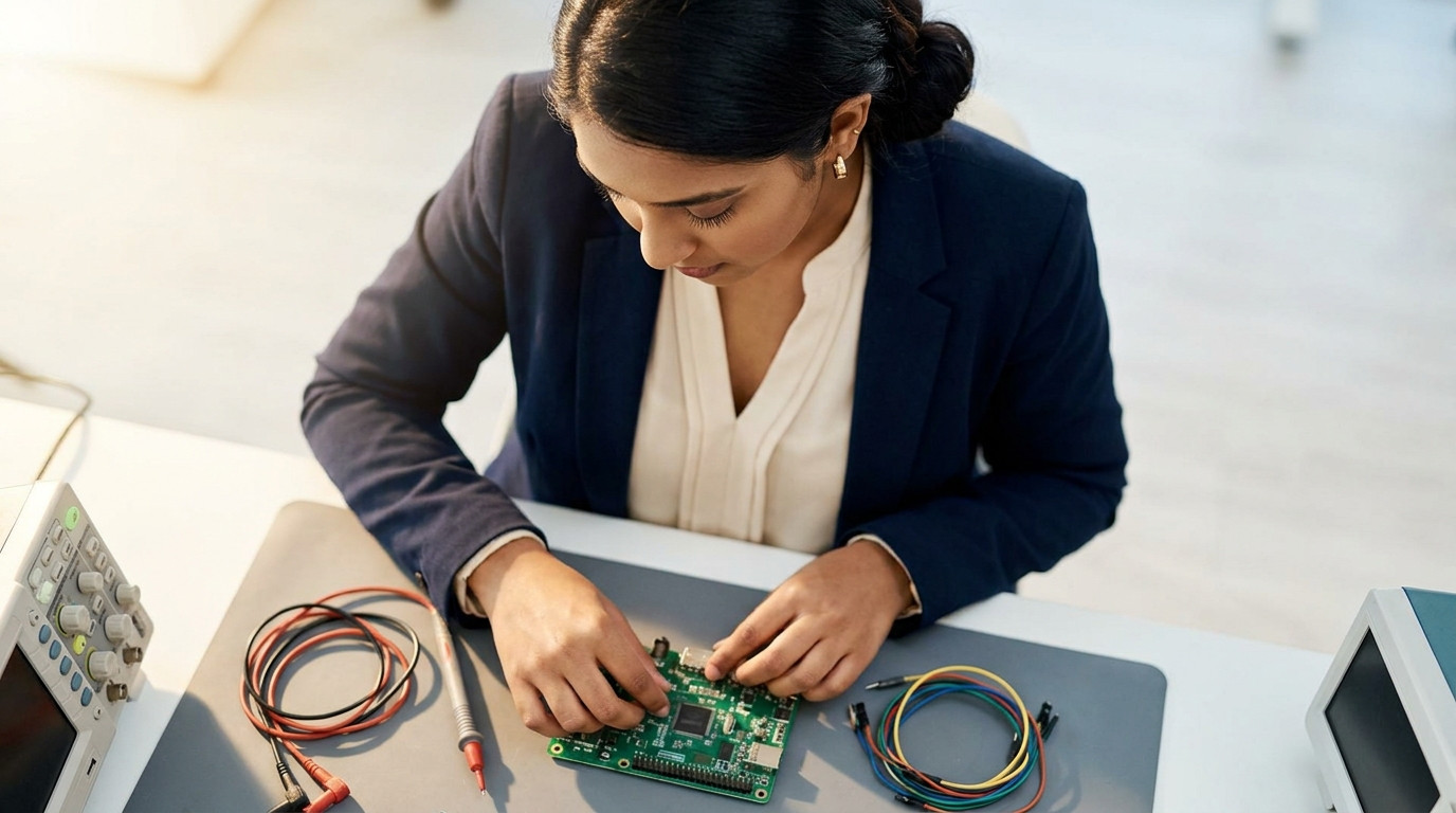 Overhead close-up of a hardware bench staged for a lab session, a generic unbranded green circuit board beside coiled ju