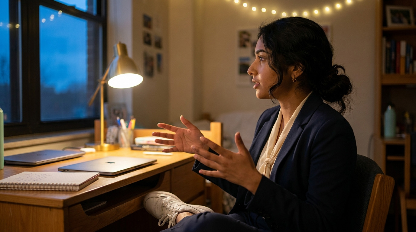 A student rehearsing out loud alone in a quiet dorm room at dusk, sitting at a small desk facing a window, hands mid-ges