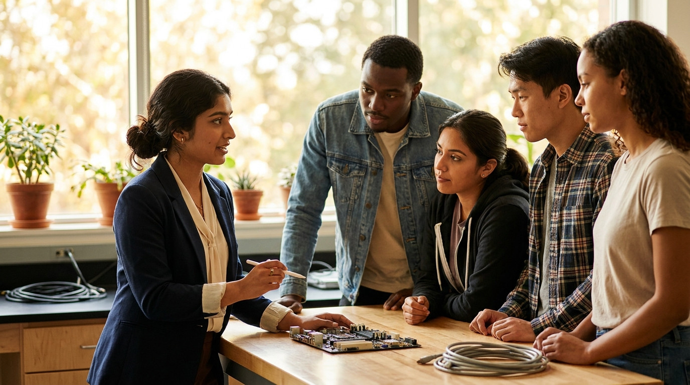 Four interns in visibly different casual outfits gathered around an open lab table, one in a denim jacket standing mid-e