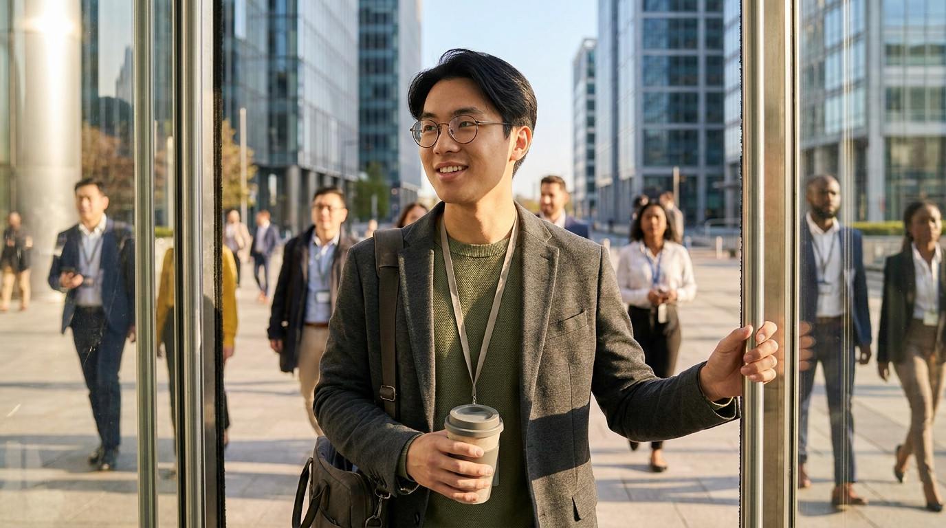 College student in a crisp charcoal blazer stepping out of a revolving glass door into a modern downtown plaza on a brig